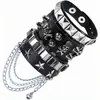 Pulsera de Cuero Negro con Calavera Punk y Remaches de Estrella Decorativos, Diseño de Cadena, Pulsera Ajustable para Hombres y Mujeres