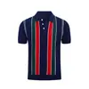 Camisa Casual Britânica Estilosa Color Block Listrada para Homens 2026, Verão Slim Fit Gola Lapela Manga Curta Leve Tricô