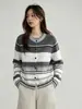Cárdigan suéter de punto de estilo vintage, de alta gama, a rayas, con cuello redondo y manga larga para mujer, perfecto para usar en capas en otoño, con un look relajado y elegante, y con un diseño de punto color block.