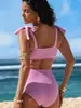 Nuevo traje de baño transfronterizo estilo europeo y americano para mujer 2027, con diseño de atar, conjunto de bikini de dos piezas a rayas y traje de baño de cintura alta