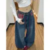 Jeans con Bolsillos de Retazos Cuadros Azules Retro para Mujer Diseño de Otoño Cintura Alta Cordón Versátil Adelgazantes Pierna Ancha
