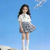 Conjunto de Roupa de Verão para Meninas Manga Curta Conjunto de Saia Doce Versátil Estilo Escolar para Meninas Gola POLO Saia Xadrez