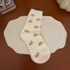 Calcetines de longitud media con bordado de oso de dibujos animados lindos estilo coreano para mujer, estilo japonés, con volantes, rayas perladas, calcetines sueltos dulces