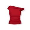 Estilo Retro Puro Lujuria Un Hombro con Cuello Inclinado de Una Línea Top de Chica Caliente con Giro Personalizado para Mujer Camiseta Pleated Elástica Slim de Manga Corta