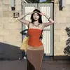 Conjunto de Top Laranja Plissado Sem Alças + Saia Longa Color Block com Cós Elástico e Fenda Lateral Top Laranja Liso Sem Alças
