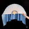 Abanico Adhesivo de Doble Cara para Danza Clásica, Seda Artificial, Degradado Gris Azul Claro, Danza Yangko, Estilo Chino