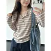 Conjunto Retro de Principios de Otoño 220g 94% Poliéster 6% Spandex Diseño Estilo Coreano Camiseta de Manga Larga Rayada con Bloques de Color Holgada