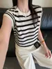 Camiseta de Punto de Seda de Hielo Rayada Estilo Coreano con Cuello Redondo y Manga Corta para Mujer, Diseño Delgado de Verano con Top Corto Único y Hermoso