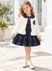Nuevo cárdigan de punto dulce de otoño con cuello de muñeca, vestido de manga larga de lunares, conjunto de dos piezas para niñas