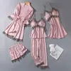 Lencería Sexy Popular Europea y Americana Liguero Sexy de Encaje Pantalones Cortos de Encaje Cárdigan Bata de Casa Ropa para el Hogar de Cuatro Piezas