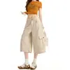 Jeans moderno na cor damasco que te deixam mais alta e magra, calças capri cropped de perna larga para mulheres com design de múltiplos bolsos, calças capri de verão