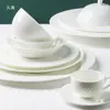 Louça Branca Pura Estilo Europeu Tigela Simples para Arroz Doméstico Exportação Tigela de Cerâmica Hotel Tigela de Sopa Gravada e Prato Peças Combinadas
