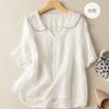 Top de Ramio con Cuello Marino de Manga Corta, Blusa Artística Retro de Algodón y Lino, Cuello de Muñeca, Corte Holgado, Adelgazante, Estilo Delgado, Nuevo Modelo 2026