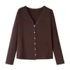 Novo Cardigan Jaqueta de Tricô Acetato Tencel Lã Outono/Inverno para Mulheres, Cor Sólida Gola V Básico Manga Longa