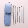 Estojo de Couro Portátil Kit de Seis Peças para Limpeza de Ouvido Cabo Colorido Conjunto de Palitos de Ouvido de Aço Inoxidável Ferramentas Domésticas para Limpeza de Ouvido