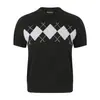 Yidao Vintage 2026 Verão Novo Jacquard Americano Bloco de Cores Xadrez Diamante Unissex Manga Curta Slim Fit Tricô Manga Curta T