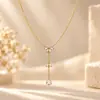 Colar Yuhui Aço Titânio Transfronteiriço Luxo Leve Elegante Temperamento Pingente Gota Zircônia Corrente em Y Patchwork Geométrico Colar de Aço Inoxidável