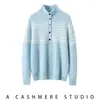 Suéter de Cashmere Jacquard Fair Isle com Meio Botão para Mulheres, Pulôver Top de Tricô Grosso Solto Estilo Étnico para o Inverno
