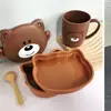 Lancheira Infantil de Plástico Ursinho Fofo com Conjunto de Garrafa de Água Lancheira Estudantil Copo de Água Micro-ondas Bolsa Tote com Portátil