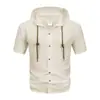 2026 Verano Transfronterizo Amazon Camisa Casual de Manga Corta Lisa para Hombre con Capucha Cordón Plisado Cárdigan Tendencia