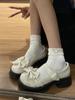 Zapatos de Cuero de Fondo Grueso con Lazo Blanco y Falda Punta Redonda para Mujer 2024 Nuevo Verano Zapatos Franceses Mary Jane de Tacón Grueso