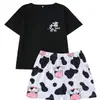Conjunto de Pijama de Manga Corta y Shorts, Cuello Redondo, Estampado de Dibujos Animados Cómodo y Lindo, Tela Ignífuga, Ropa de Casa Casual, Disponible para Venta al por Mayor