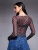 Top de Gasa de Burbujas con Lunares Estilo Chica Picante Estilo Americano para Mujer, Camiseta Base de Malla Transparente Estampada de Verano, Cubierta Protectora Solar
