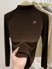 Camiseta Manga Longa Gola Meia-Alta Regular Melanóide Bambu Escovado Algodão Ombro Normal Top Versátil Emagrecedor Gola Integrada Outono