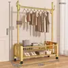 Cabide de chão doméstico, varal simples para secar roupas de quarto, cabide de roupas móvel, prateleira de armazenamento vertical de camada dupla
