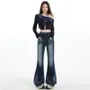Calça Jeans Flare de Cintura Baixa Estilo Retrô Americano 2026, Jeans Slim Fit Elástico Emagrecedor Outono e Inverno para Mulheres e Calças de Comprimento Estendido