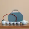 Conjunto pequeno de Ru Kiln Tianqing com uma chaleira, quatro xícaras e um pote para uso no escritório e em casa, conjunto de chá Kung Fu de cerâmica, presente corporativo