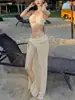 Bikini de Dos Piezas Estilo Nuevo para Vacaciones en la Isla, Top de Tubo Puro y Sexy con Tirantes de Perlas, Traje de Baño de Tres Piezas con Falda Larga de Alta Gama