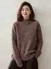 Suéter de punto jacquard vintage de cachemira de cuello alto para mujer, estilo holgado y casual, de manga larga, tejido de lana, capa base de color liso