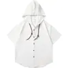 2026 Verano Transfronterizo Amazon Camisa Casual de Manga Corta Lisa para Hombre con Capucha Cordón Plisado Cárdigan Tendencia