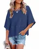 2026 Amazon Verão Transfronteiriço Novo Estilo Europeu e Americano Patchwork Cor Sólida Gola Redonda Solto Top Camiseta com Mangas 3/4 Sino