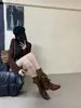 Botas de tacón de bloque con cordones y punta fina de estilo coreano, de moda, de venta caliente, para 2026, botas adelgazantes de media pantorrilla, botas largas de tacón medio, color marrón