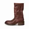 Botas Femininas de Couro Bovino de Primeira Camada Cor Lavada Botas de Motocicleta de Couro Genuíno Envelhecido Outono/Inverno Novas Bico Redondo Salto Médio Botas de Puxar Meio da Panturrilha Botas Femininas