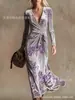 Vestido Transfronteiriço Novo Estilo com Decote em V e Mangas Longas com Elementos de Impressão Digital 3D, Saia Fashion e Personalizada para Marcar a Cintura para Mulheres