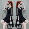 Vestido para Mujer de Mangas Murciélago Verano Transfronterizo para Mujer Ajustado Adelgazante Cintura Elegante Malla Cuello Redondo Longitud Media Falda en A