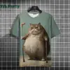 Camiseta com Estampa 3D de Gato Gordo Fofo Moda Verão Manga Curta Streetwear Tendência Casual Solta