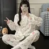 Rojo Neto Nuevo Algodón Nube Lindo Oso Encaje Conjunto Pijama Mujer Otoño Primavera Manga Larga Cárdigan Dibujos Animados Ropa de Casa