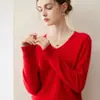 Suéter de cuello en V simple 100% cachemir puro para mujer, otoño e invierno, manga larga, versátil, tejido, capa interior tejida, capa base, suéter