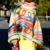 Estilo europeu e americano outono e inverno novo doce fresco estilo preguiçoso versátil gola redonda suéter pullover suéter de contraste arco-íris feminino