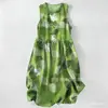 Vestido Casual de Algodão Puro com Estampa Digital Nova, Gola Redonda, Sem Mangas, Comprimento Médio, Para Mulheres, Verão na Praia