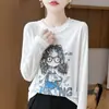 Blusa redonda estampada da moda e versátil para mulheres, novo estilo de verão 2026, suéter de base fino de malha, pulôver solto