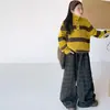 Suéter Listrado com Gola para Meninas Outono/Inverno 2026 para Crianças Médias e Mais Velhas, Blusa de Tricô Solta com Lã, Calça Reta Larga Comprida, Tendência
