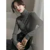 Suéter feminino de gola alta, top de tricô de lã hipoalergênico, modelagem justa, gola alta sobreposta, camisa básica para outono e inverno, top elegante e que afina a silhueta