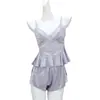 Conjunto de pijama camisola de renda francesa para mulheres, conjunto de shorts de seda gelada de verão, estilo puro e sensual, camisola sexy, conjunto de duas peças