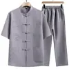 Roupas de Verão Finas Estilo Chinês Tang com Bordado de Caractere Fu para Homens de Meia-idade e Idosos, Estilo Pai