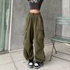 Pantalones Rectos con Cordón Hip Hop Retro Americano Hiphop para Mujer de Cintura Alta Adelgazantes Multibolsillos Deportivos Casuales
